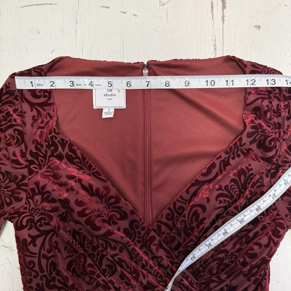 Davids Bridal Dress Burgandy Wine Red 2 Victorian Velvet Print Ruched Party Date - Picture 12 of 16